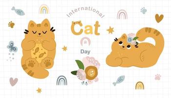 chats mignons et jeu de vecteurs drôles de doodle de chaton. bonne conception de la collection de la journée internationale du chat avec une couleur plate dans différentes poses. un ensemble d'adorables animaux de compagnie, sur un fond tendance. vecteur