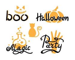 joyeuse calligraphie de fête d'halloween. lettrage vectoriel fait main de vacances. texte sur fond de symbole différent