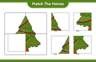 faire correspondre les moitiés. associez les moitiés du sapin de Noël. jeu éducatif pour enfants, feuille de calcul imprimable, illustration vectorielle vecteur