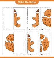 faire correspondre les moitiés. associez les moitiés du bonhomme en pain d'épice et des biscuits. jeu éducatif pour enfants, feuille de calcul imprimable, illustration vectorielle vecteur