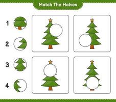 faire correspondre les moitiés. associez les moitiés du sapin de Noël. jeu éducatif pour enfants, feuille de calcul imprimable, illustration vectorielle vecteur