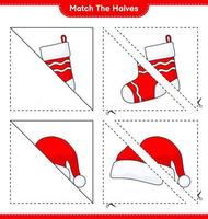 faire correspondre les moitiés. associez les moitiés du bonnet de Noel et de la chaussette de Noël. jeu éducatif pour enfants, feuille de calcul imprimable, illustration vectorielle vecteur