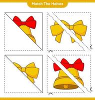 faire correspondre les moitiés. associez les moitiés du ruban et la cloche de Noël. jeu éducatif pour enfants, feuille de calcul imprimable, illustration vectorielle vecteur