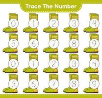 tracer le numéro. numéro de suivi avec des bottes en caoutchouc. jeu éducatif pour enfants, feuille de calcul imprimable, illustration vectorielle vecteur