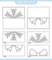 faire correspondre les moitiés. associez les moitiés du flocon de neige et du ruban. jeu éducatif pour enfants, feuille de calcul imprimable, illustration vectorielle vecteur