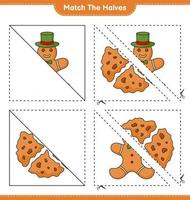 faire correspondre les moitiés. associez les moitiés du bonhomme en pain d'épice et des biscuits. jeu éducatif pour enfants, feuille de calcul imprimable, illustration vectorielle vecteur