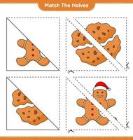 faire correspondre les moitiés. associez les moitiés du bonhomme en pain d'épice et des biscuits. jeu éducatif pour enfants, feuille de calcul imprimable, illustration vectorielle vecteur