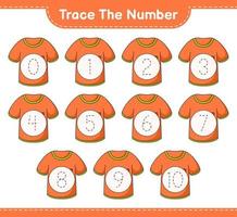 tracer le numéro. numéro de traçage avec t-shirt. jeu éducatif pour enfants, feuille de calcul imprimable, illustration vectorielle vecteur
