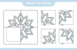 faire correspondre les moitiés. faire correspondre les moitiés de flocon de neige. jeu éducatif pour enfants, feuille de calcul imprimable, illustration vectorielle vecteur