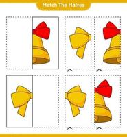 faire correspondre les moitiés. associez les moitiés du ruban et la cloche de Noël. jeu éducatif pour enfants, feuille de calcul imprimable, illustration vectorielle vecteur