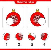 faire correspondre les moitiés. faire correspondre les moitiés de boule de noël. jeu éducatif pour enfants, feuille de calcul imprimable, illustration vectorielle vecteur