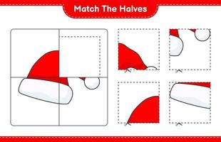 faire correspondre les moitiés. associez les moitiés du bonnet de Noel. jeu éducatif pour enfants, feuille de calcul imprimable, illustration vectorielle vecteur