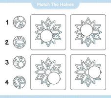 faire correspondre les moitiés. faire correspondre les moitiés de flocon de neige. jeu éducatif pour enfants, feuille de calcul imprimable, illustration vectorielle vecteur