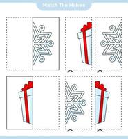 faire correspondre les moitiés. associez les moitiés du flocon de neige et la boîte-cadeau. jeu éducatif pour enfants, feuille de calcul imprimable, illustration vectorielle vecteur