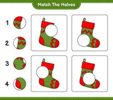 faire correspondre les moitiés. associez les moitiés de la chaussette de Noël. jeu éducatif pour enfants, feuille de calcul imprimable, illustration vectorielle vecteur