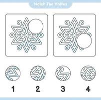 faire correspondre les moitiés. faire correspondre les moitiés de flocon de neige. jeu éducatif pour enfants, feuille de calcul imprimable, illustration vectorielle vecteur