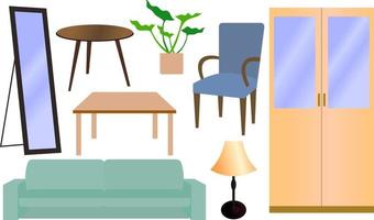 illustration vectorielle de design d'intérieur, ensemble de meubles, chaise placard miroir table de lit plante plante d'intérieur canapé lampe vecteur
