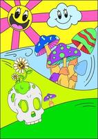 une affiche psychédélique avec un soleil et un nuage vivants, des champignons psychédéliques et un crâne avec une fleur vivante sur le dessus. concept fou. surréalisme vecteur