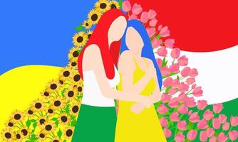 la hongrie embrasse l'ukraine sur fond de drapeaux nationaux et de fleurs nationales de tournesols et de tulipes. illustration vectorielle plane. soutenir la fille ukrainienne vecteur