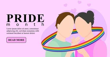 un couple gay amoureux tient les mains enveloppées dans un ruban avec un drapeau lgbt. illustration vectorielle plane. modèle de bannière lgbtq sur fond rose. vecteur