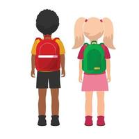 écolier et fille debout avec sac à dos sur le dos. garçon aux cheveux noirs, chemise orange et pantalon bleu. gars isolé, premier septembre commence les cours. retour à l'illustration vectorielle de dessin animé plat école vecteur