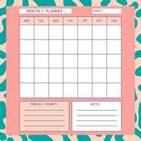 modèle de planificateur mensuel. calendrier. un planificateur pour l'organisation mensuelle du temps avec un arrière-plan abstrait. vecteur