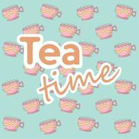 bannière mignonne lumineuse avec inscription heure du thé et motif de tasses à thé de dessin animé mignon. vecteur