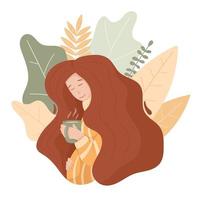 illustration mignonne de vecteur dans des couleurs chaudes. doodle femme enceinte aux cheveux longs et volumineux. thème douillet d'hiver, tasse avec thé ou café, pull chaud.