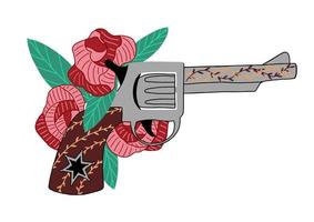 pistolet de cow-boy et roses. pistolet de cow-girl du shérif. dessinés à la main sur le thème du Far West. illustration vectorielle vecteur