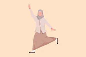 dessin plat d'affaires femme d'affaires arabe heureuse sautant avec écarte les deux jambes et lève une main. un employé de bureau célèbre la réalisation de l'augmentation des ventes de produits. illustration vectorielle de dessin animé vecteur