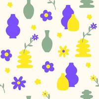 motif floral abstrait sans couture avec fleurs vintage et vases sur fond clair. impression d'art mignon naïf pour papier peint, papier cadeau, tissu. couleurs jaune, bleu et vert. illustration vectorielle vecteur