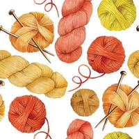 modèle harmonieux d'aquarelle avec des pelotes de laine pour le tricot. fil de couleurs d'automne de jaune, rouge et orange sur fond blanc. impression au crochet et tricot, passe-temps, fait à la main. fond confortable vecteur