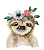 dessin à l'aquarelle, clipart. mignon paresseux avec une couronne de fleurs. dessin d'animaux tropicaux pour les enfants. mignon petit paresseux vecteur