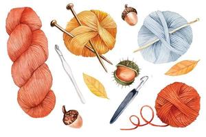 ensemble d'éléments à l'aquarelle pour le tricot. pelotes de laine, écheveaux, aiguilles à tricoter, crochet. ensemble d'automne de fleurs rouges jaunes et oranges, tricot confortable, passe-temps, fait à la main. isolé sur blanc vecteur