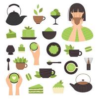thé matcha, ensemble d'éléments. cérémonie du thé traditionnelle japonaise. thé vert, aliments sains, desserts, tasses, théières. illustration dans un style plat vecteur
