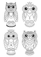 ensemble de hibou zentangle stylisé magique, illustration de doodle à colorier. oiseau sauvage décoratif. contour noir sur fond blanc vecteur