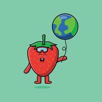 fraise de dessin animé mignon flottant avec le monde vecteur