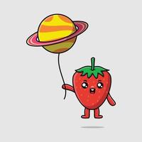 fraise de dessin animé mignon flottant avec la planète vecteur