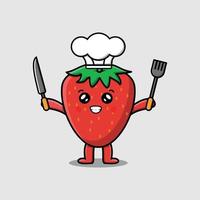 mignon dessin animé fraise chef tenir couteau et fourchette vecteur