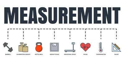 mesure, ensemble d'icônes web de bannière de mesure. cloche de bouilloire, règle, échelle de poids, thermomètre, pouls, échelle industrielle, poids d'étalonnage, concept d'illustration vectorielle d'haltères. vecteur