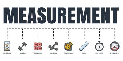 mesure, mesure, ensemble d'icônes web de bannière de mesure. chronomètre, règle, ruban à mesurer, sablier, compteur de vitesse, barbell, calculatrice, concept d'illustration vectorielle haltère. vecteur