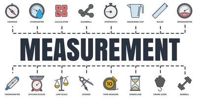 mesure, mesure, ensemble d'icônes web de bannière de mesure. chronomètre, règle, ruban à mesurer, gook de grue, thermomètre, boussole et plus de concept d'illustration vectorielle. vecteur