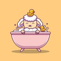 mouton mignon se baignant dans l'illustration de dessin animé de baignoire vecteur