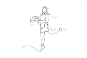 dessin continu d'une ligne heureuse laveuse apporte un panier de linge. notion de service de blanchisserie. illustration graphique vectorielle de dessin à une seule ligne. vecteur