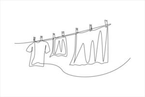 une ligne continue dessinant des vêtements propres suspendus à une corde. notion de service de blanchisserie. illustration graphique vectorielle de dessin à une seule ligne. vecteur