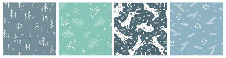 un ensemble de motifs harmonieux d'hiver avec des branches d'épinette, des flocons de neige, des silhouettes de lapins. impression de forêt de noël. graphiques vectoriels. vecteur