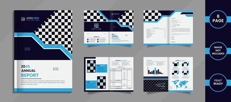 conception de brochure de rapport annuel moderne de 8 pages avec des formes créatives de couleur bleu ciel et profond. vecteur