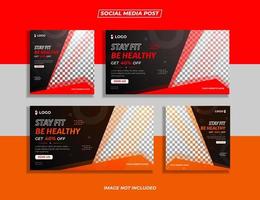 pack de bannières de publication sur les médias sociaux de gym et de fitness avec des formes abstraites de couleur rouge et orange vecteur