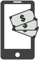 icône d'argent de téléphone sur fond blanc. style plat. pile de billets en dollars sur téléphone mobile. e symbole de paiement. signe financier. vecteur