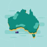 carte vectorielle 3d de l'australie avec le nom et le drapeau du pays sur fond vert clair et tiret. vecteur